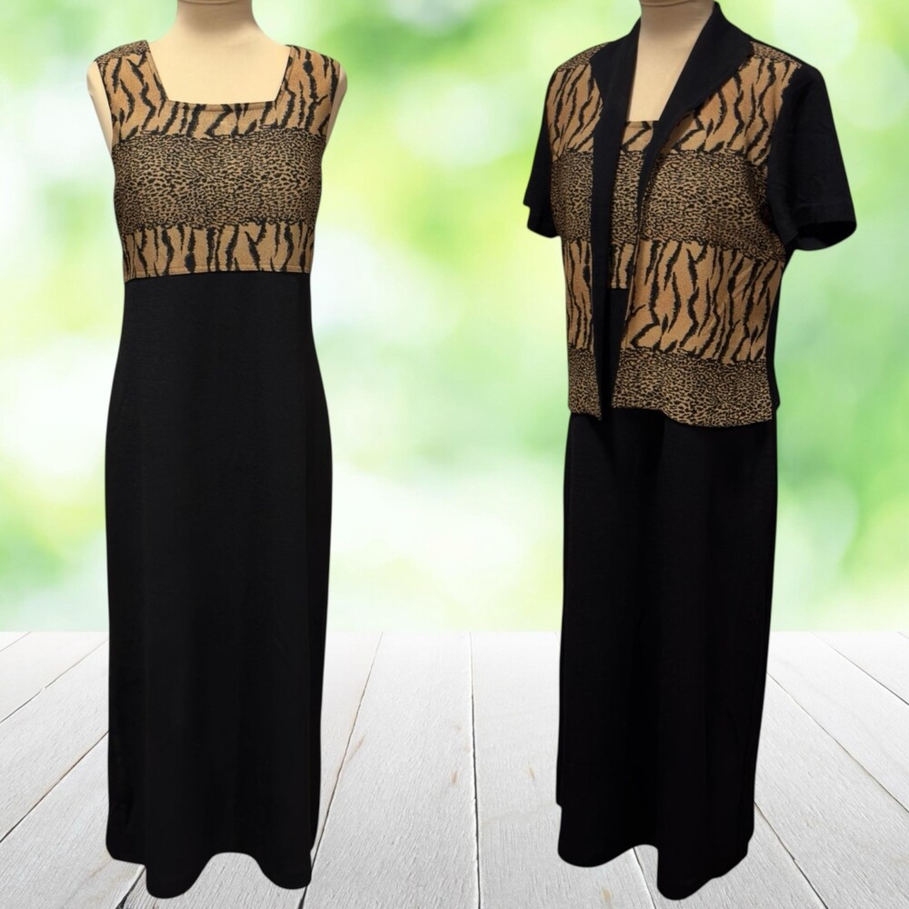 Vintage RK ORIGINALS 2Pc Midi Dress Set Knit Animal Jacquard Jacket Black Sz 10